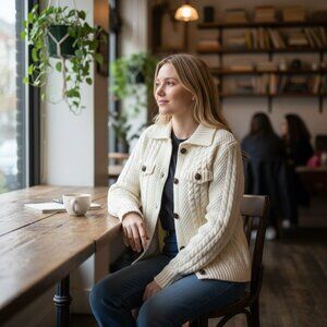 Heartloom Cable Knit Button Front Ribbed Ivory Cardigan Sweater Medium NWT